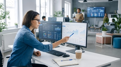 Professional office scene with data analytics on multiple monitors, team collaboration, and a presenter in a modern workspace