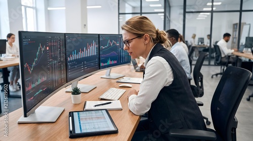 Female trader analyzes stock market data on multiple monitors in a modern trading floor environment