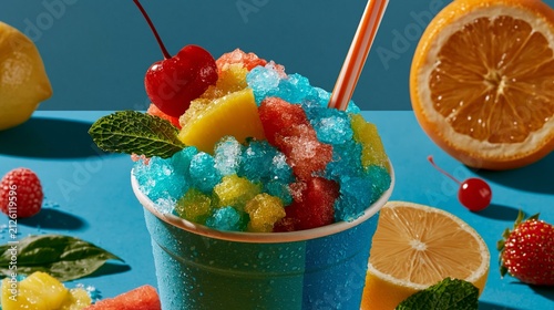 Colorful frozen slush beverage cup with ice crystals and fruit elements, vibrant summer mood, premium advertising shot, no text
