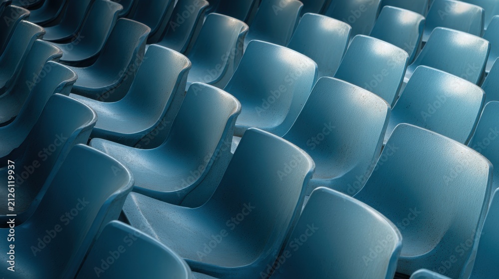 Fototapeta premium Rows of empty blue stadium seats await spectators for the next sporting event. The clean, modern design of the empty blue seats in a stadium suggests anticipation for a major competition or game