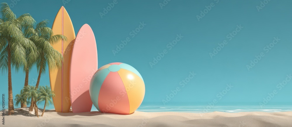 © Blue Rain - Two colorful surfboards standing next to a beach ball on a sandy tropical beach with palm trees under a clear blue sky © Blue Rain - Two colorful surfboards standing next to a beach ball on a sandy tropical beach with palm trees under a clear blue sky