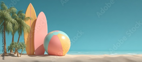 Two colorful surfboards standing next to a beach ball on a sandy tropical beach with palm trees under a clear blue sky