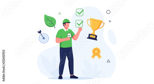 Achieving Success: Man with Trophy, Checkmarks, Target, and Leaf - Concept of Goal Attainment and Quality Assurance