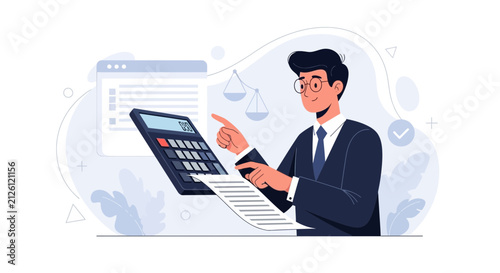 Accountant or Lawyer Calculating and Analyzing Financial Documents with Calculator and Scales of Justice Symbol