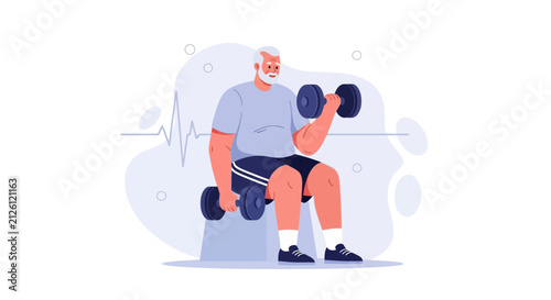Active Senior Man Lifting Dumbbells, Healthy Lifestyle and Fitness Illustration