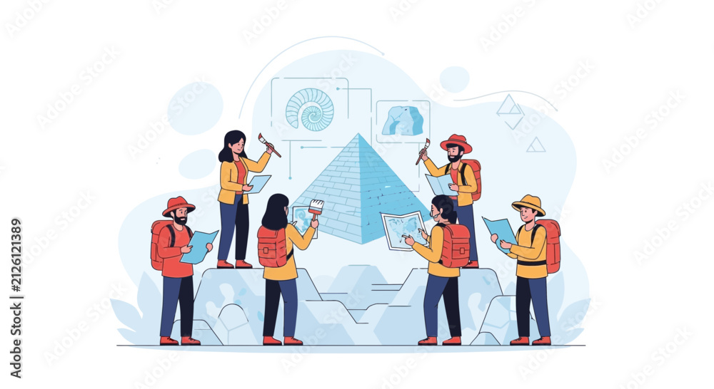 Obraz premium Archaeological Expedition Exploring Ancient Ruins and Fossils with Maps and Tools