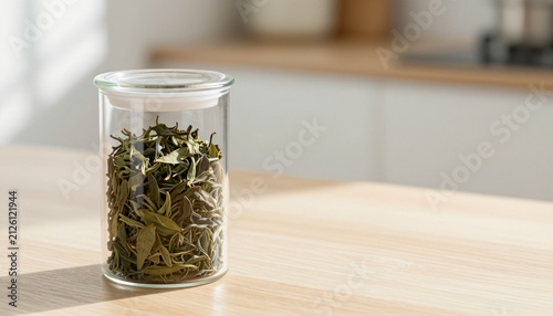Close-up of premium dried loose-leaf green tea in minimalist glass jar on wooden surface