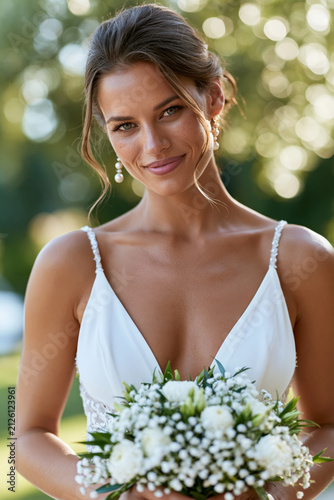 Elegant bride portrait with soft bokeh background, romantic outdoor nuptials atmosphere, natural beauty and confidence,, during daytime