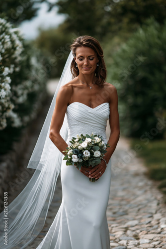 Gorgeous beautiful bride standing on a flower-lined marriage ceremony pathway, flowing veil, natural outdoor lighting, graceful marriage ceremony portrait,