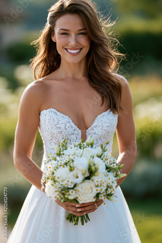 Dramatic breathtaking bride portrait at an outdoor warm season bridal event, elegant white gown, fresh bouquet, natural radiant smile, romantic garden backdrop, warm sunlight, shallow depth of field,