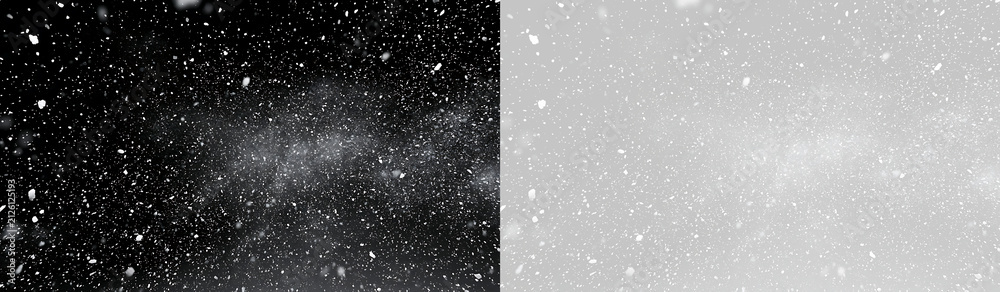 Naklejka premium Heavy winter snowfall overlay on black and transparent background. Falling snowflakes blizzard texture