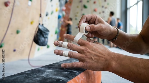 Rock climber wrapping white athletic tape around fingers