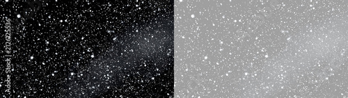 Winter snowfall overlay texture on transparent and black background. Falling snow particles effect for photo editing