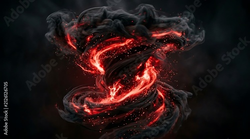 Powerful vortex of fire and black smoke against darkness