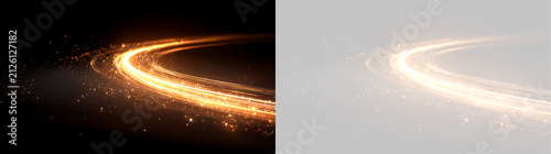 Curved golden light wave with sparkling glitter particles. Glowing motion trail isolated on black and transparent background. Abstract high speed energy effect