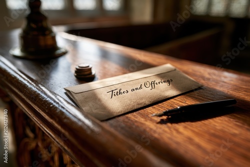 Close-up of a beige Tithes and Offerings envelope on a wooden church pew with coins and a pen, warm natural light