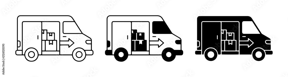Naklejka premium Delivery van with packages and arrow outline solid styles, UI and web interface.