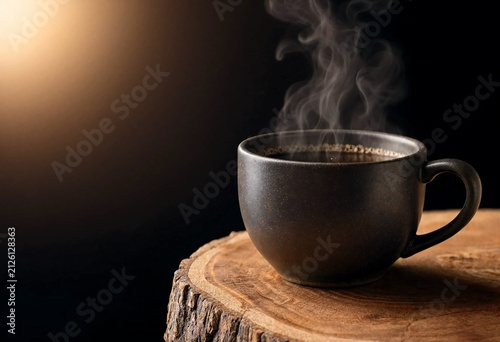 Steaming black coffee in a rustic mug on a wooden slice against dark background with warm side light