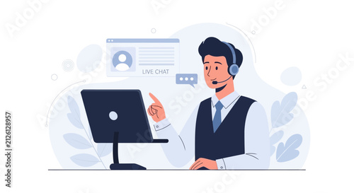 Customer Service Representative with Headset and Laptop, Live Chat Support and Communication Concept