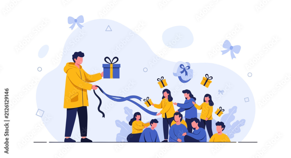 Fototapeta premium Generous Man Giving Gifts to Excited Crowd, Flat Design Vector Illustration
