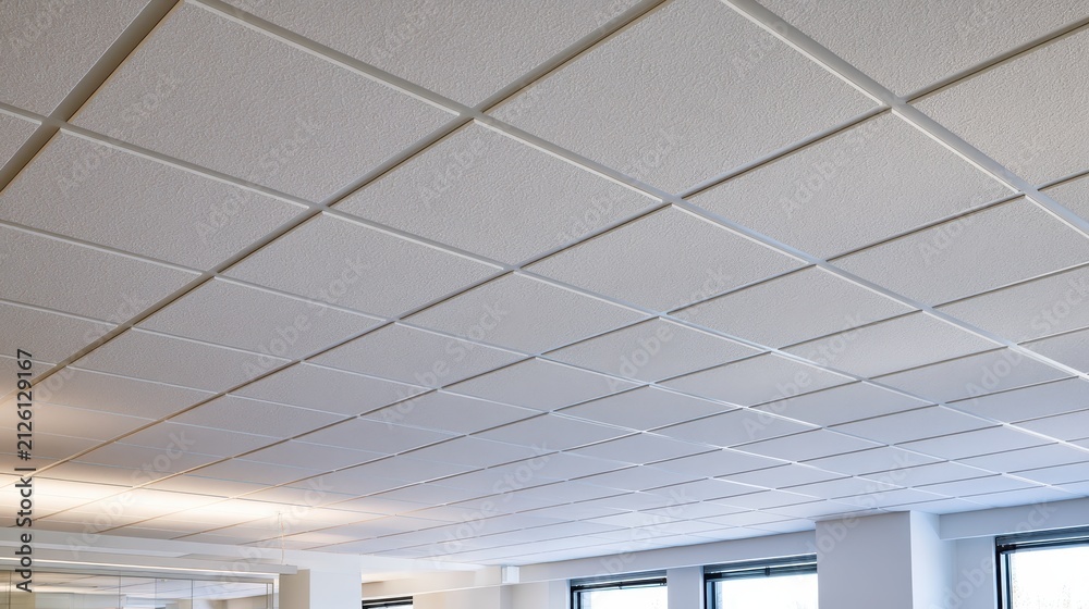 Fototapeta premium Close-up of acoustic ceiling tiles in a modern office with a clean grid pattern and soft ambient lighting