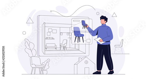 Designer selecting furniture for interior design project, visualizing choices on digital interface