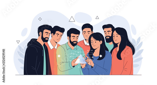 Diverse team collaborating on futuristic technology project, looking at holographic interface