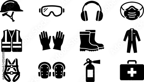 Foto Set of personal protective equipment and workplace safety icons.