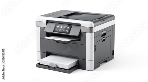 Modern multifunction laser printer office equipment featuring paper tray and digital touchscreen display interface with displays professional multifunction administration