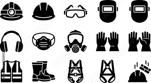 Bild auf Leinwand Set of personal protective equipment and industrial safety gear icons