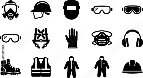 Foto Set of Industrial Personal Protective Equipment Safety Icons.