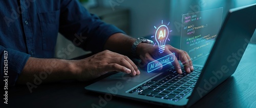 Person using laptop with ai concept visuals digital innovations and technology interface for modern business and creative solutions in a home office environment