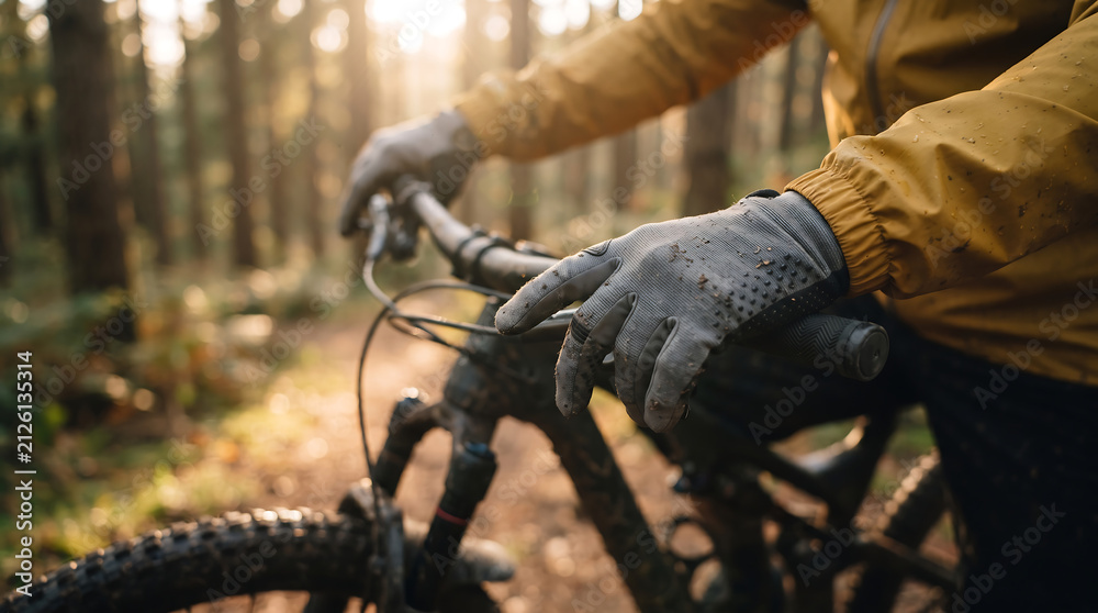 Fototapeta premium Detail shot of a person adjusting the handlebars of their mountain bike while wearing thick winter gloves in a forest setting with dirt road outdoor activity outdoors