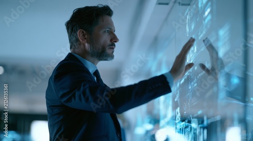 Businessman interacting with holographic interface in modern workspace, digital innovation and technology, smart analytics, future business.