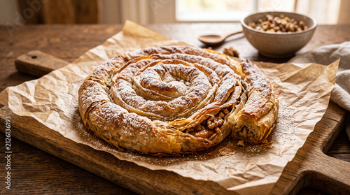 apple burek or a similar flaky pastry coil, often called apple soufra.It is a traditional Balkan or Turkish pastry made by filling thin filo dough with apples, nuts, and sometimes custard, then baking