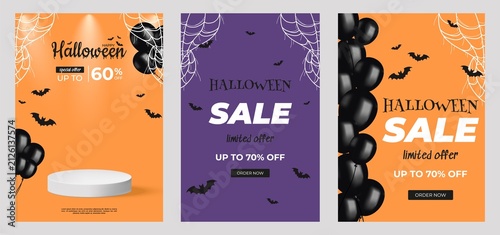 Set of three Halloween sale posters with bats, spider webs, balloons, and bold text announcing festive discounts