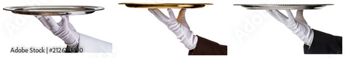 Foto Hands in elegant white gloves holding shiny metal serving trays, ready for upscale service