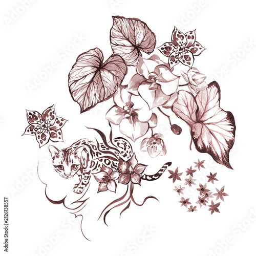 Canvas Print Illustration of a wild leopard cat in tropical flowers and leaves on a transpare