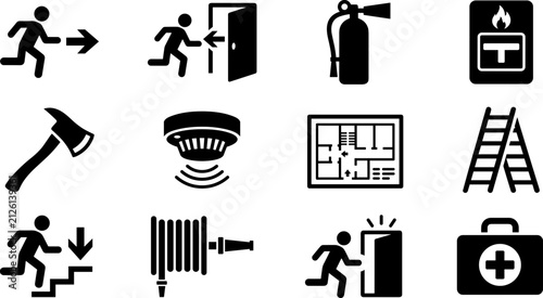 Set of fire safety and emergency evacuation icons.
