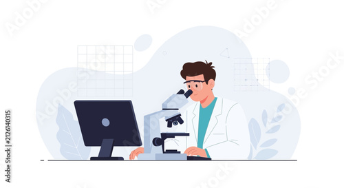 Scientist working with microscope and computer in laboratory, modern flat design vector illustration