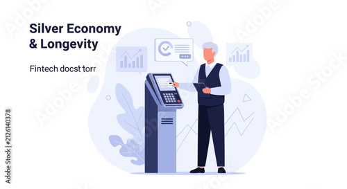 Senior man using fintech kiosk for banking and financial services, illustrating the silver economy and longevity.