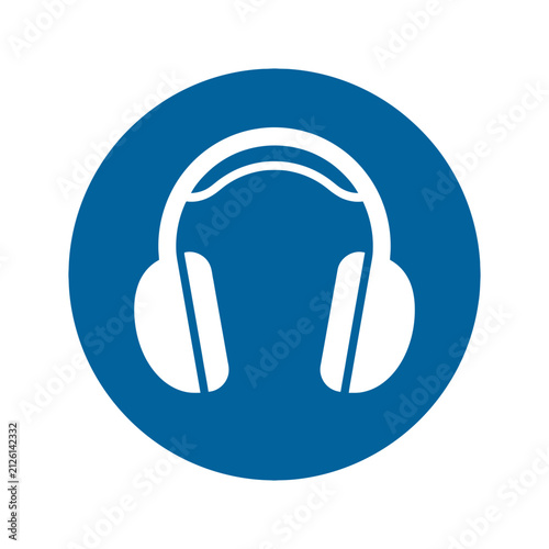 Headphones icon vector graphic design symbol on blue circle background.