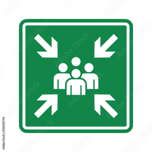 Assembly point sign green emergency gathering symbol.