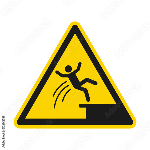 Yellow triangle warning sign indicating falling hazard and edge danger symbol.