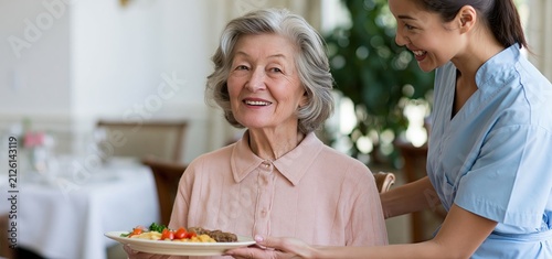 A warm meal served by a caring aide to an elderly woman in a cheerful assisted living dining space.