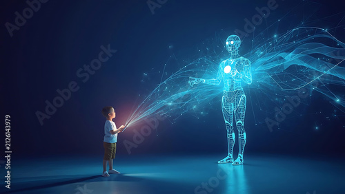 Child Interacts with Futuristic AI Robot Made of Glowing Blue Digital Data Particles on Dark Background