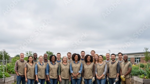 Diverse group of volunteers wearing simple uniform vests standing together outdoors,