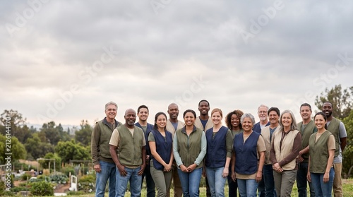 Diverse group of volunteers wearing simple uniform vests standing together outdoors,
