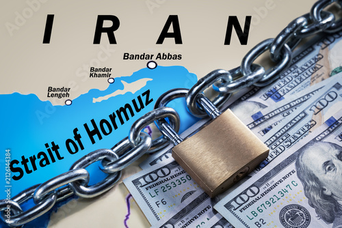 Global map showing Strait of Hormuz region with padlock, chain overlay and dollars  A symbolic representation of a blockade in the Strait of Hormuz, economic crisis.