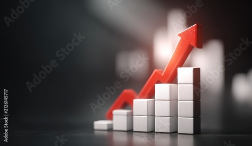 A conceptual image showing a rising red arrow on top of white stacked blocks representing business growth and financial success in a company